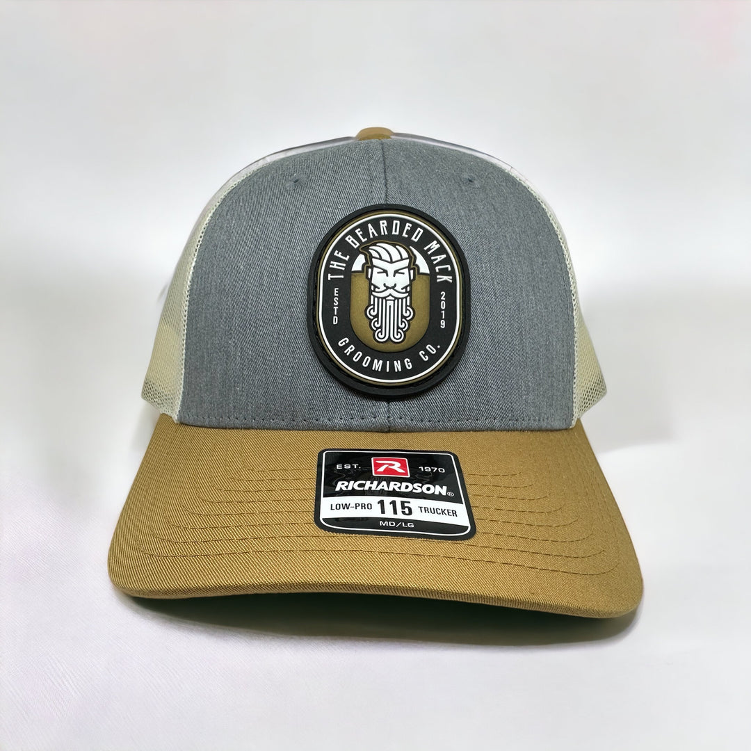 The Bearded Mack Trucker Hat - Richardson 115 Hats The Bearded Mack Grooming CO Grey/Birch/Amber Gold  