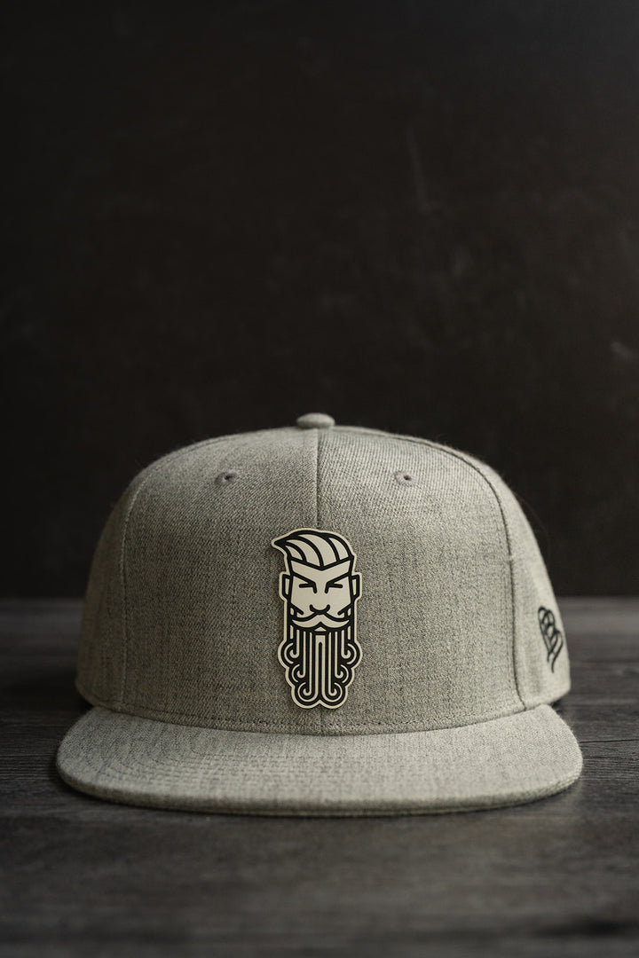 Flat Bill Leather Patch Snapback Hat Hats The Bearded Mack Grooming CO Heather Grey  